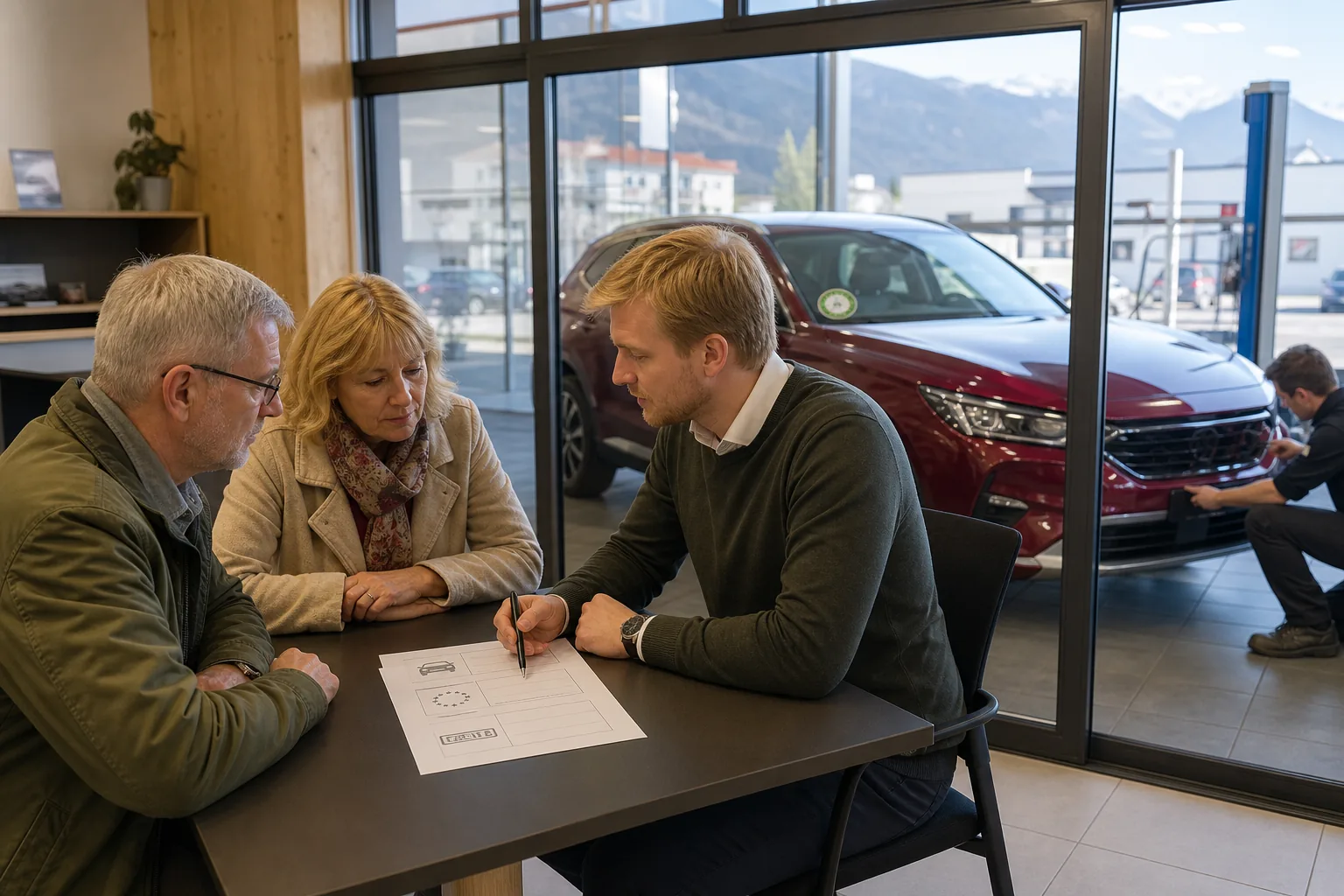 Cumpărători discută documentele unei mașini cu un consultant într-un showroom.