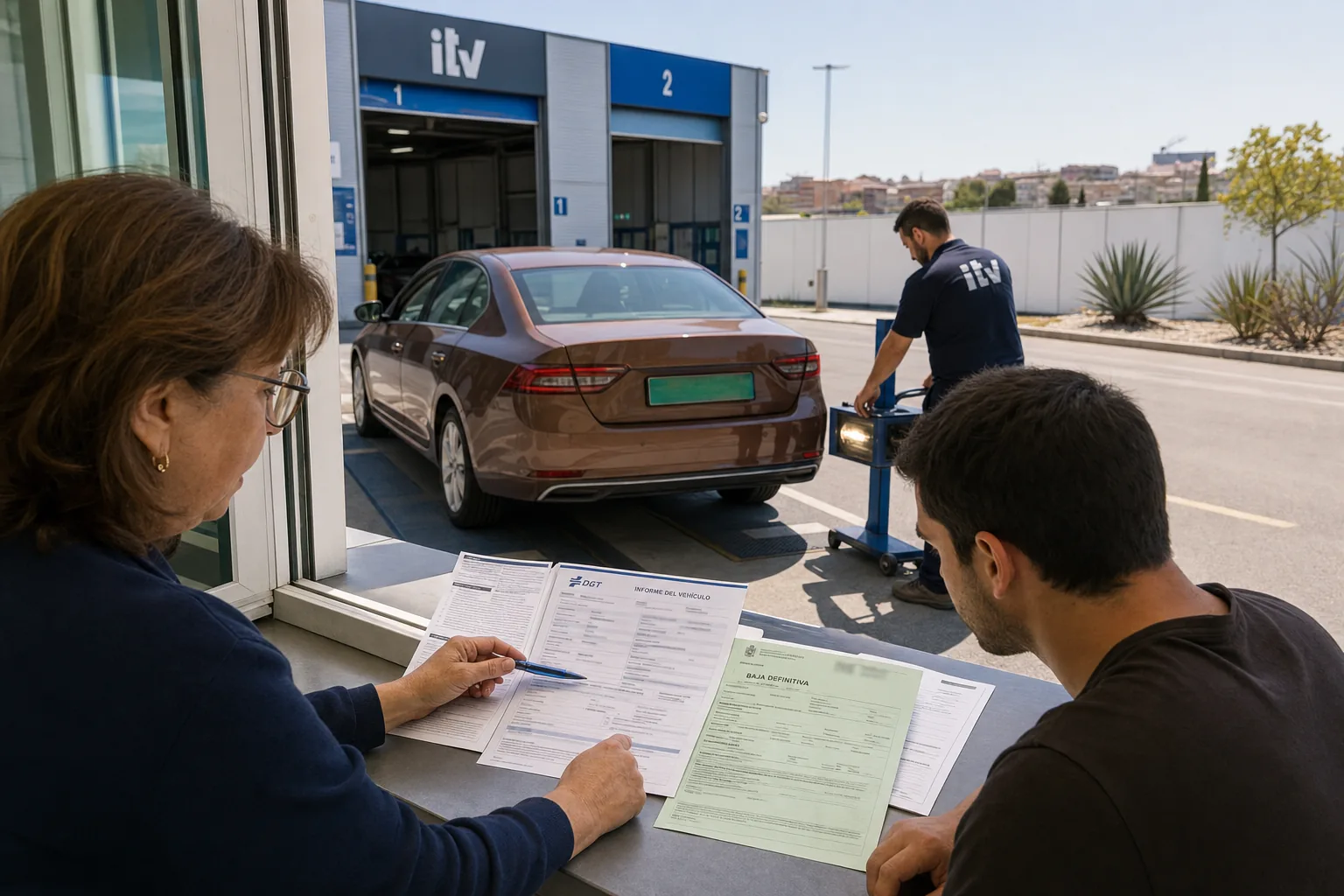 Două persoane verifică documentele unei mașini la o stație ITV din Spania.