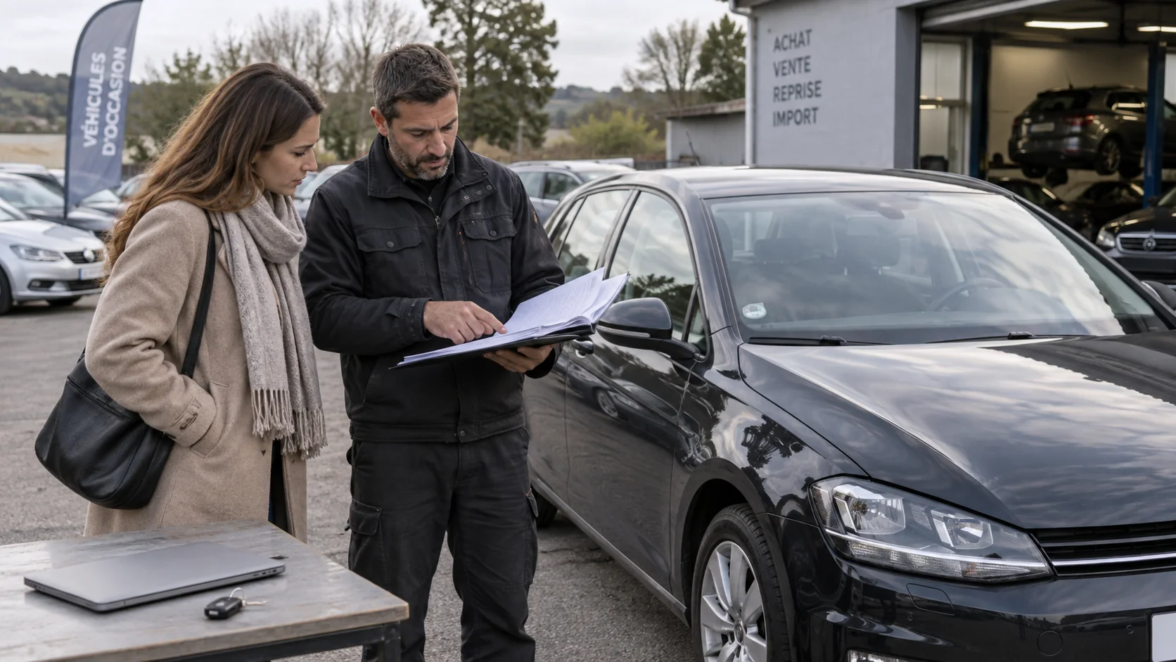 O cumpărătoare și un inspector compară documentele lângă o mașină rulată.