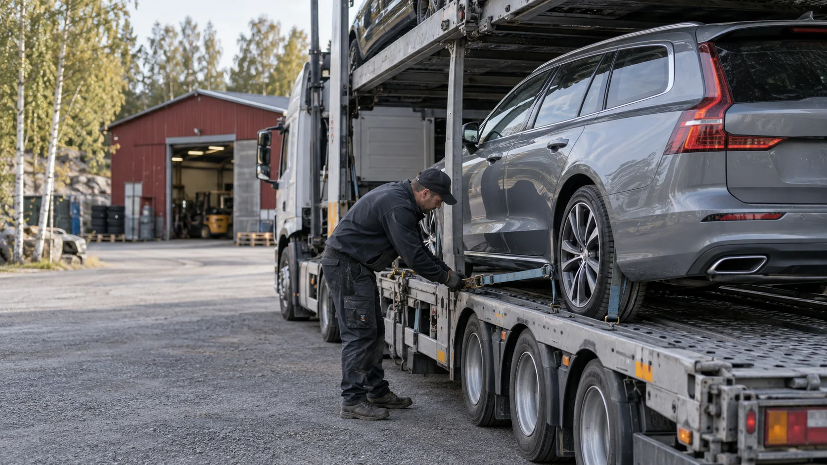 Un tehnician verifică fixarea unei mașini pe un transportor într-o curte cu garaj din lemn.